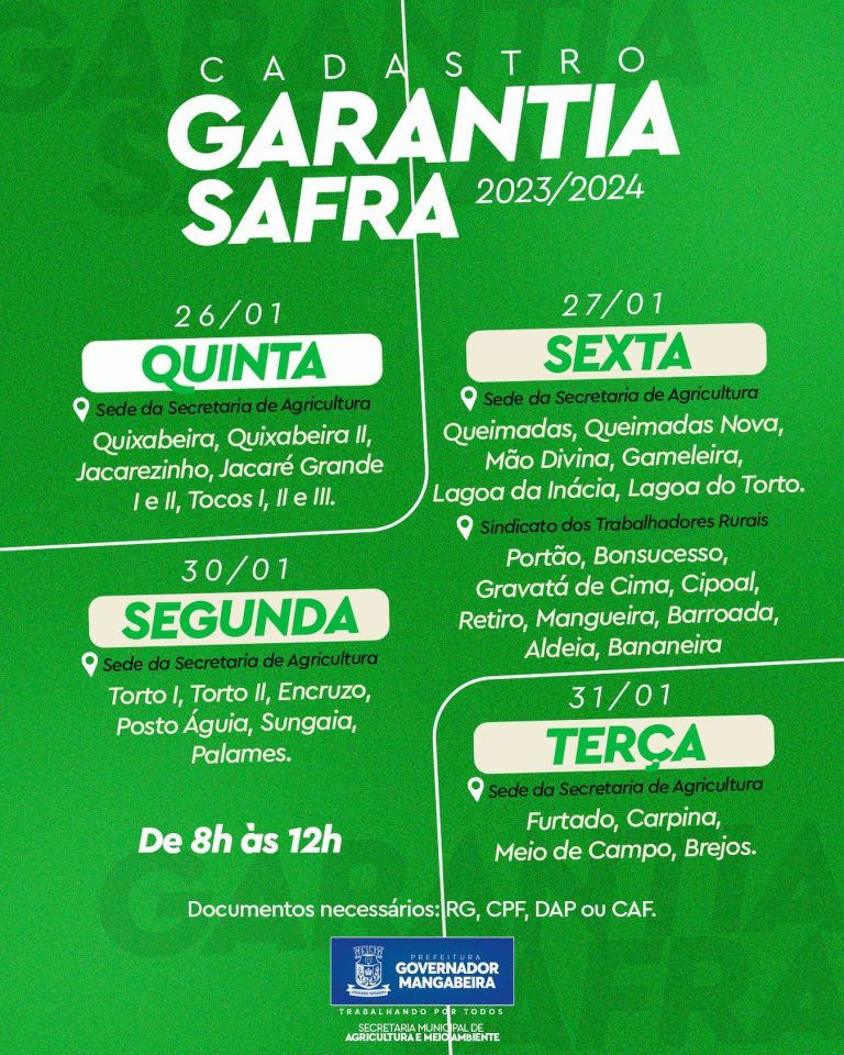 CADASTRO PARA O GARANTIA SAFRA 2023/2024